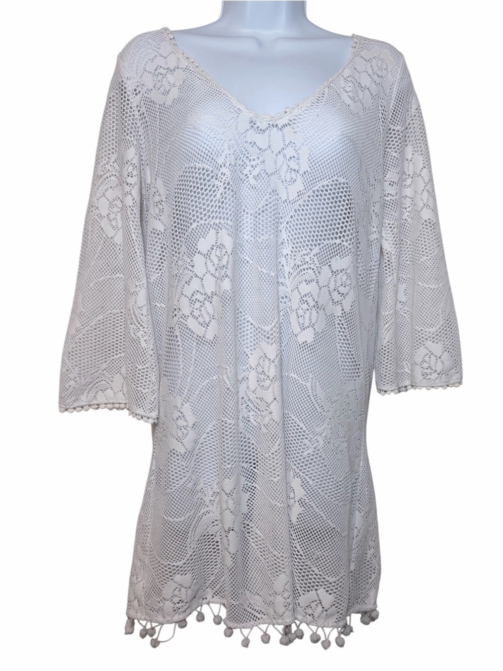 En Creme White Crochet Pom-Pom Swim Coverup Tunic